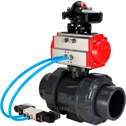 Кран шаровой BV4242E-FP-GRM-ISO Дн32 Ру10 полнопроходной, корпус - НПВХ, шар - НПВХ, уплотнение - EPDM, с пневмоприводом PA-DA-052, пневмораспределителем 4V320-08 AC220V и БКВ APL-210N