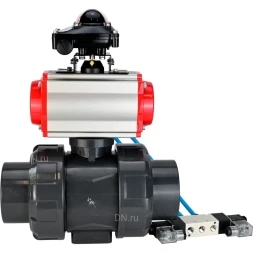 Кран шаровой BV4242E-FP-GRM-ISO Дн32 Ру10 полнопроходной, корпус - НПВХ, шар - НПВХ, уплотнение - EPDM, с пневмоприводом PA-DA-052, пневмораспределителем 4V320-08 AC220V и БКВ APL-210N