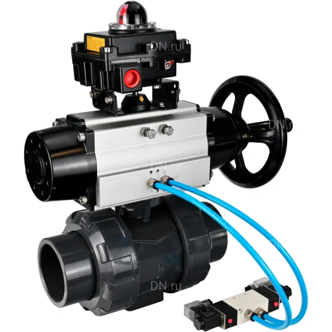 Кран шаровой BV4242E-FP-GRM-ISO Дн40 Ру10 полнопроходной, корпус - НПВХ, шар - НПВХ, уплотнение - EPDM, с пневмоприводом PA-DA-105-1, пневмораспределителем 4V320-10 AC220V и БКВ APL-410N EX в Омске