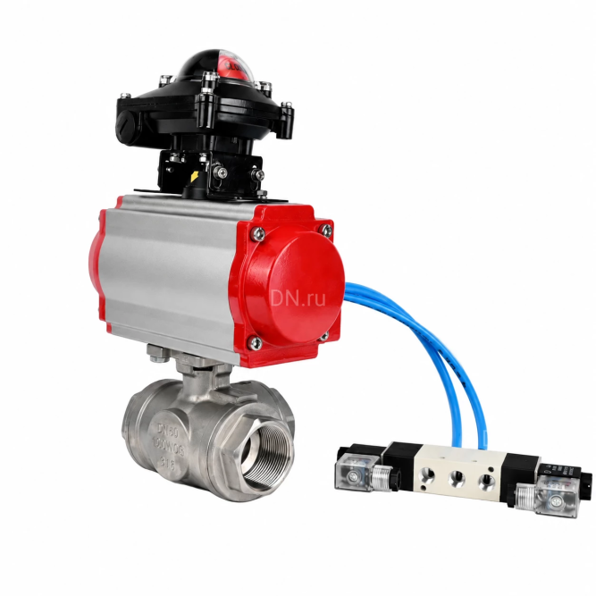 Кран шаровой BV3232P(4pc)-SP-3WL-T-ISO-H WDVF Ду32 Ру63 стандартнопроходной, 3-ходовой L-тип, внутренняя резьба, нержавеющая сталь AISI 316, PTFE, с пневмоприводом PA-DA-083, пневмораспределителем 4V320-08 AC220V и БКВ APL-210N в Омске