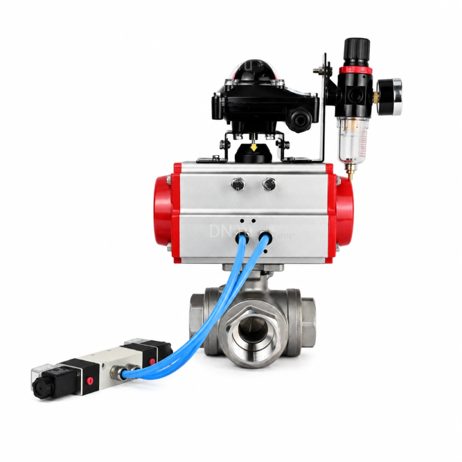 Кран шаровой BV3232P(4pc)-SP-3WL-T-ISO-H WDVF Ду32 Ру63 стандартнопроходной, 3-ходовой L-тип, внутренняя резьба, нержавеющая сталь AISI 316, PTFE, с пневмоприводом PA-DA-083, пневмораспределителем 4V320-08 AC220V и БКВ APL-210N в Омске