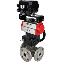 Кран шаровой BV3232P(4pc)-FP-3WL-F Ду25 Ру16 полнопроходной трехходовой, фланцевый, корпус - нержав.сталь SS316, с пневмоприводом PA-DA-052 двойного действия, пневмопозиционером YT-1000RSN без обратной связи и ручным дублером MON1-250-T26-ISO