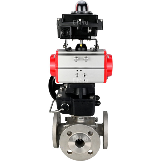 Кран шаровой BV3232P(4pc)-FP-3WL-F Ду80 Ру16 полнопроходной трехходовой, фланцевый, корпус - нержавеющая сталь SS316, с пневмоприводом PA-DA-105 двойного действия, БКВ APL-410N EX и ручным дублером MON3-700-T38-ISO в Омске