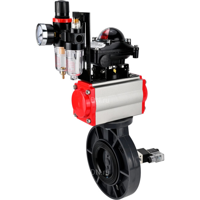 Затвор дисковый поворотный WBV4242E-2W-Fb-ISO Дн50 Ру10 межфланцевый, корпус - НПВХ, диск - НПВХ, уплотнение - EPDM, с пневмоприводом PA-SA-065, пневмораспределителем 4V320-08 AC220V, БКВ APL-210N и БПВ AFC2000 в Омске