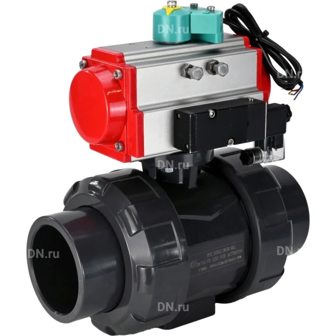 Кран шаровой BV4242E-FP-GRM-ISO Дн20 Ру10 полнопроходной, корпус - НПВХ, шар - НПВХ, уплотнение - EPDM, с пневмоприводом PA-SA-052, пневмораспределителем 4M310-08 DC24V и магнитным переключателем ALS200D в Омске