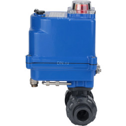Кран шаровой BV4242E-FP-GRM-ISO Дн15 Ру10 полнопроходной, клеевой с разборным муфтовым соединением, корпус - НПВХ, шар - НПВХ, уплотнение - EPDM, с электроприводом QT-N-003EM-O1-220VAC-У1 blue
