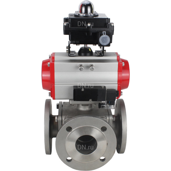 Кран шаровой BV3232P(4pc)-FP-3WL-F Ду32 Ру16 полнопроходной трехходовой, фланцевый, корпус - нержавеющая сталь SS316, с пневмоприводом PA-SA-083 с возвратными пружинами, пневмораспределителем 4M310-08 DC24V и БКВ APL-410N EX в Омске