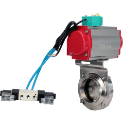 Затвор дисковый поворотный WBV3131E-2W-W-H Ду32 Ру10 под приварку, пищевая нержавеющая сталь 304, уплотнение - EPDM, с пневмоприводом PA-DA-052, пневмораспределителем 4V320-10 AC220V и магнитным переключателем ALS200D