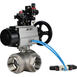 Кран шаровой BV3232P(4pc)-SP-3WL-T-ISO-H Ду80 Ру40, стандартнопроходной, четырехсоставной, нержавеющая сталь 316, PTFE, внутренняя резьба, с пневмоприводом PA-DA-105-1, пневмораспределителем 4V320-10 AC220V, БКВ APL-210N, БПВ AFC2000