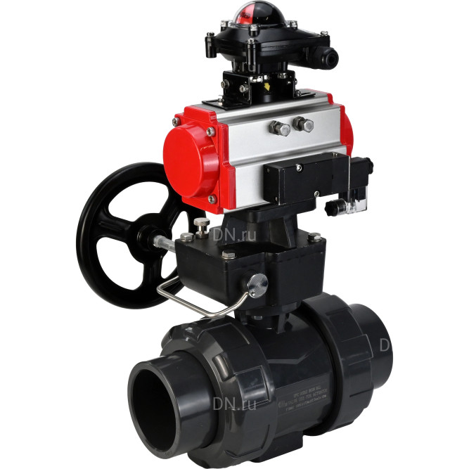 Кран шаровой BV4242E-FP-GRM-ISO Дн100 Ру10 полнопроходной, корпус - НПВХ, шар - НПВХ, уплотнение - EPDM, с пневмоприводом PA-DA-065, пневмораспределителем 4M310-08 DC24V, ручным дублером MON1-250-T26-ISO и БКВ APL-210N в Омске