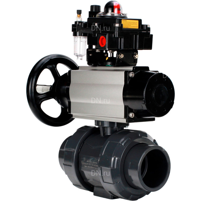 Кран шаровой BV4242E-FP-GRM-ISO Дн25 Ру10 полнопроходной, корпус - НПВХ, шар - НПВХ, уплотнение - EPDM, с пневмоприводом PA-DA-105-1, пневмораспределителем 4M310-08 DC24V, БКВ APL-410N EX и БПВ AFC2000 в Омске
