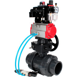 Кран шаровой BV4242E-FP-GRM-ISO Дн80 Ру10 полнопроходной, корпус - НПВХ, шар - НПВХ, уплотнение - EPDM, с пневмоприводом PA-DA-065, пневмораспределителем 4V320-10 AC220V, ручным дублером MON1-250-T26-ISO, БКВ APL-410N EX и БПВ AFC2000