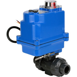 Кран шаровой BV4242E-FP-GRM-ISO Дн32 Ру10 полнопроходной, клеевой с разборным муфтовым соединением, корпус - НПВХ, шар - НПВХ, уплотнение - EPDM, с электроприводом QT-N-003EM-O1-220VAC-У1 blue