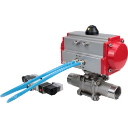 Кран шаровой BV3131P(3pc)-FP-W-ISO-H LONG Ду10 Ру63 полнопроходной, корпус - нержавеющая сталь 304, уплотнение - PTFE, под приварку, с пневмоприводом PA-DA-052 и пневмораспределителем 4V320-08 AC220V