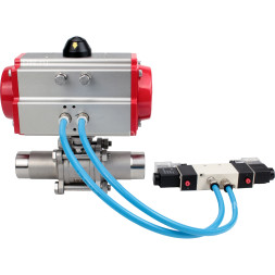 Кран шаровой BV3131P(3pc)-FP-W-ISO-H LONG Ду10 Ру63 полнопроходной, корпус - нержавеющая сталь 304, уплотнение - PTFE, под приварку, с пневмоприводом PA-DA-052 и пневмораспределителем 4V320-08 AC220V
