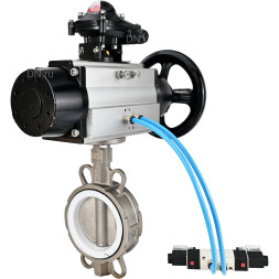 Затвор дисковый поворотный WBV3232P-2W-Fb-H Ду125 Ру16, корпус - нержавеющая сталь 316L, диск - нержавеющая сталь 316L, уплотнение - PTFE, с пневмоприводом PA-DA-105-1 двойного действия, с пневмораспределителем 4V320-08 AC220V, с БКВ APL-210N