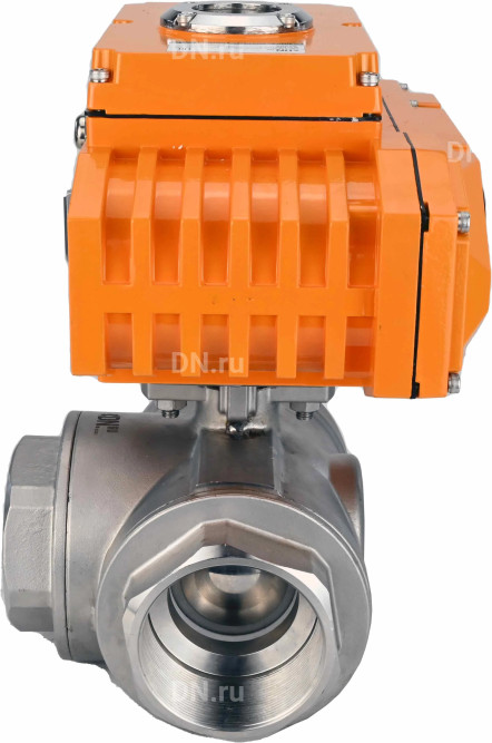Кран шаровой BV3232P(4pc)-SP-3WL-T-ISO-H Ду80 Ру40 стандартнопроходной L-тип, трехходовой, нержавеющая сталь SS316, внутренняя резьба, уплотнение - PTFE, с эл. приводом E34-N-010EM-O1-220VAC-У1 в Омске