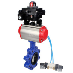 Затвор дисковый поворотный WBV1616E-2W-Fb-H Ду100 Ру16 LUG корпус - чугун QT450, диск - чугун QT450, уплотнение - EPDM, с пневмоприводом PA-DA-083, пневмораспределителем 4V320-10 AC220V и БКВ APL-410N EX