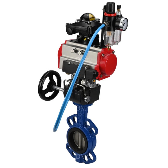 Затвор дисковый поворотный WBV1432E-2W-Fb-H Ду150 Ру16, корпус - чугун GGG50, диск - нержавеющая сталь 316L, EPDM, с пневмоприводом PA-DA-105, пневмораспределителем 4M310-08 DC24V, БКВ APL-210N, ручным дублером MON3-700-T38-ISO, БПВ AFC2000 в Омске