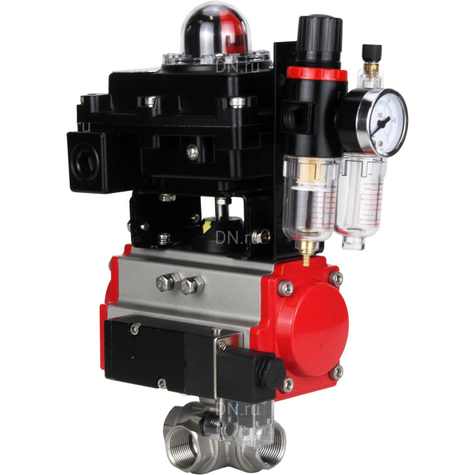 Кран шаровой BV3232P(4pc)-SP-3WL-T-ISO-H Ду20 Ру63 стандартнопроходной трехходовой L-тип, нержавеющая сталь SS316, внутренняя резьба, PTFE, пн.приводом PA-SA-052, пн.распределителем 4M310-08 AC220V, БКВ APL-410N EX и БПВ AFC2000 в Омске