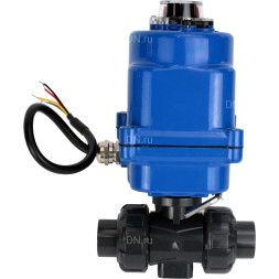 Кран шаровой BV4242E-FP-GRM-ISO Дн40 Ру10 полнопроходной, клеевой с разборным муфтовым соединением, корпус - НПВХ, шар - НПВХ, уплотнение - EPDM, с электроприводом QT-N-003EM-O1-220VAC-У1 blue