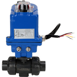 Кран шаровой BV4242E-FP-GRM-ISO Дн40 Ру10 полнопроходной, клеевой с разборным муфтовым соединением, корпус - НПВХ, шар - НПВХ, уплотнение - EPDM, с электроприводом QT-N-003EM-O1-220VAC-У1 blue