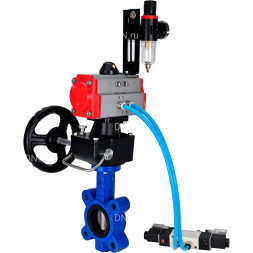 Затвор дисковый поворотный WBV1631E-2W-Fb-H Ду150 Ру16 LUG, корпус - чугун, диск - нержавеющая сталь 304, уплотнение - EPDM, с пневмоприводом PA-DA-105, пневмораспределителем 4M320-08 AC220V, ручным дублером MON3-700-T38-ISO и БПВ AFC2000
