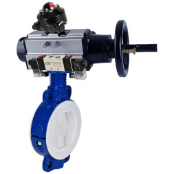 Затвор дисковый поворотный WBV3434Pf-2W-Fb-R Ду150 Ру16 корпус - углеродистая сталь WCB, диск - углеродистая сталь WCB, футерованный PTFE, уплотнение - PTFE, с пневмоприводом PA-DA-105-1, с пневмораспределителем 4V320-08 AC220V, БКВ APL-510N Ex