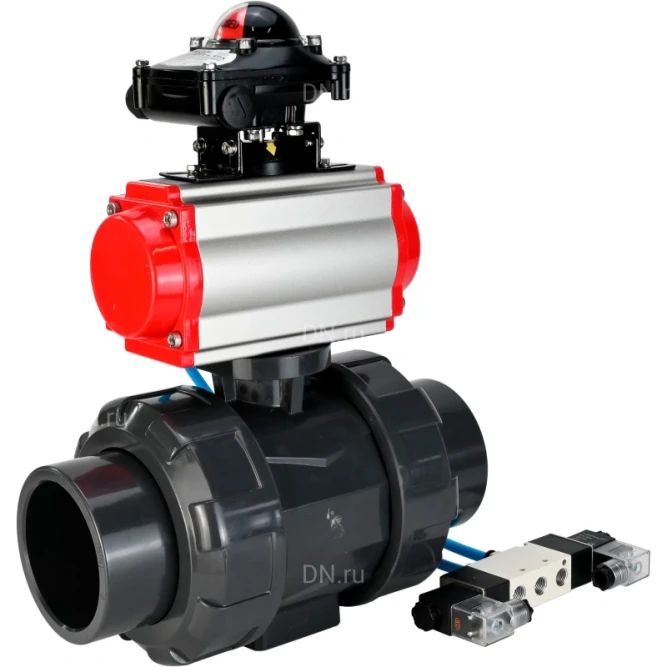 Кран шаровой BV4242E-FP-GRM-ISO Дн15 Ру10 полнопроходной, корпус - НПВХ, шар - НПВХ, уплотнение - EPDM, с пневмоприводом PA-SA-052, пневмораспределителем 4V320-08 AC220V и БКВ APL-210N в Омске
