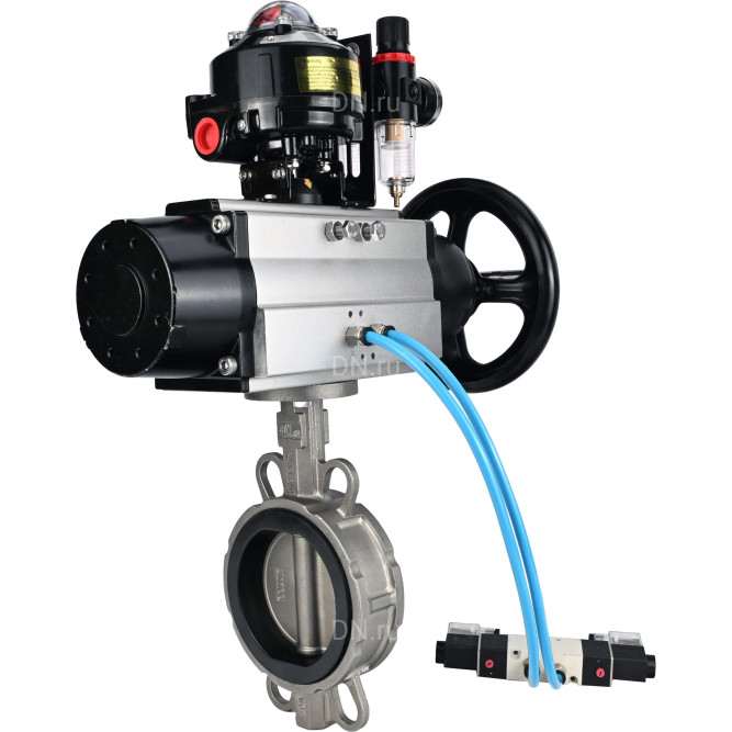 Затвор дисковый поворотный WBV3232V-2W-Fb-H Ду150 Ру16, корпус - нержавеющая сталь 316L, диск - нержавеющая сталь 316L, уплотнение - Viton, с пневмоприводом PA-DA-105-1, пневмораспределителем 4M320-10 AC220V, БКВ APL-510N EX, БПВ AFC2000 в Омске
