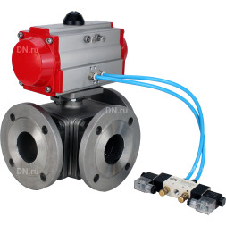 Кран шаровой BV3232P(4pc)-FP-3WL-F Ду40 Ру16 полнопроходной трехходовой, фланцевый, корпус - нержавеющая сталь SS316, с пневмоприводом PA-DA-065 двойного действия и пневмораспределителем 4V320-08 AC220V