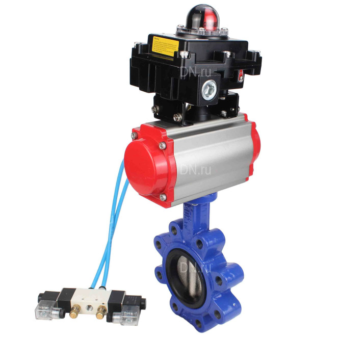 Затвор дисковый поворотный WBV1616E-2W-Fb-H Ду150 Ру16 LUG корпус - чугун QT450, диск - чугун QT450, уплотнение - EPDM, с пневмоприводом PA-DA-105, пневмораспределителем 4V320-10 AC220V и БКВ APL-410N EX в Омске