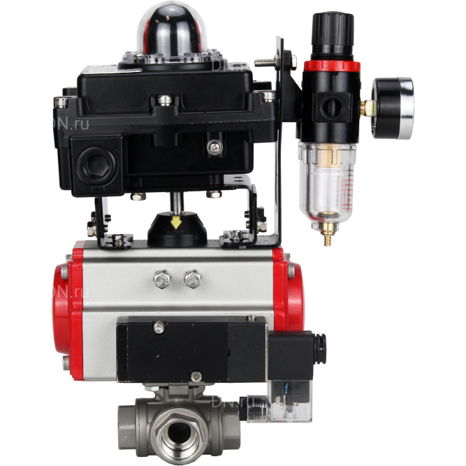 Кран шаровой BV3232P(4pc)-SP-3WL-T-ISO-H Ду32 Ру63 стандартнопроходной трехходовой L-тип, нержавеющая сталь SS316, внутренняя резьба, PTFE, пн.приводом PA-SA-065, пн.распределителем 4M310-08 AC220V, БКВ APL-410N EX и БПВ AFC2000 в Омске