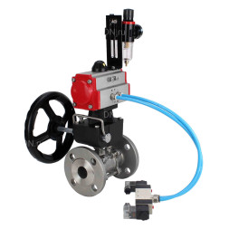Кран шаровой BV3232P(3pc)-FP-F-ISO-H Ду65 Ру25, трехсоставной полнопроходной фланцевый, нержавеющая сталь SS304, PTFE, с пневмоприводом PA-DA-105, с пневмораспределителем 4V320-08 AC220V, ручным дублером MON3-700-T38-ISO, с БПВ AFC2000