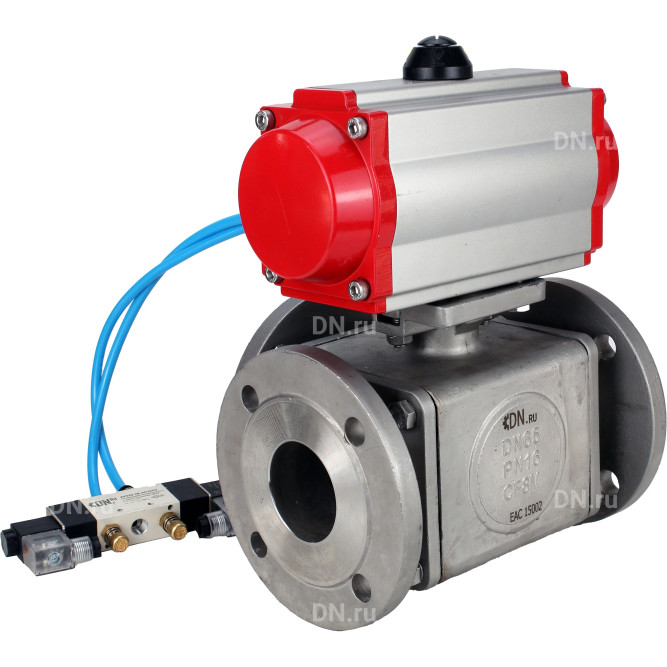 Кран шаровой BV3232P(4pc)-FP-3WL-F Ду40 Ру16 полнопроходной трехходовой, фланцевый, корпус - нержавеющая сталь SS316, с пневмоприводом PA-DA-065 двойного действия и пневмораспределителем 4V320-10 AC220V в Омске