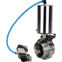 Затвор дисковый поворотный WBV3131S-2W-T-H Ду65 Ру10 резьбовой, пищевая нержавеющая сталь 304, уплотнение – Silicon, с пневмоприводом PA-SA-85 и пневмораспределителем 4V320-08 AC220V