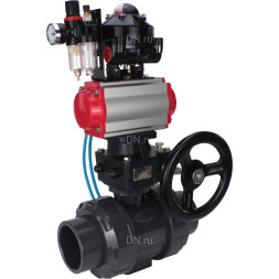 Кран шаровой BV4242E-FP-GRM-ISO Дн32 Ру10 полнопроходной, корпус - НПВХ, шар - НПВХ, уплотнение - EPDM, с пневмоприводом PA-DA-052, пневмораспределителем 4V320-08 AC220V, ручным дублером MON1-250-T26-ISO, БКВ APL-510N EX и БПВ AFC2000
