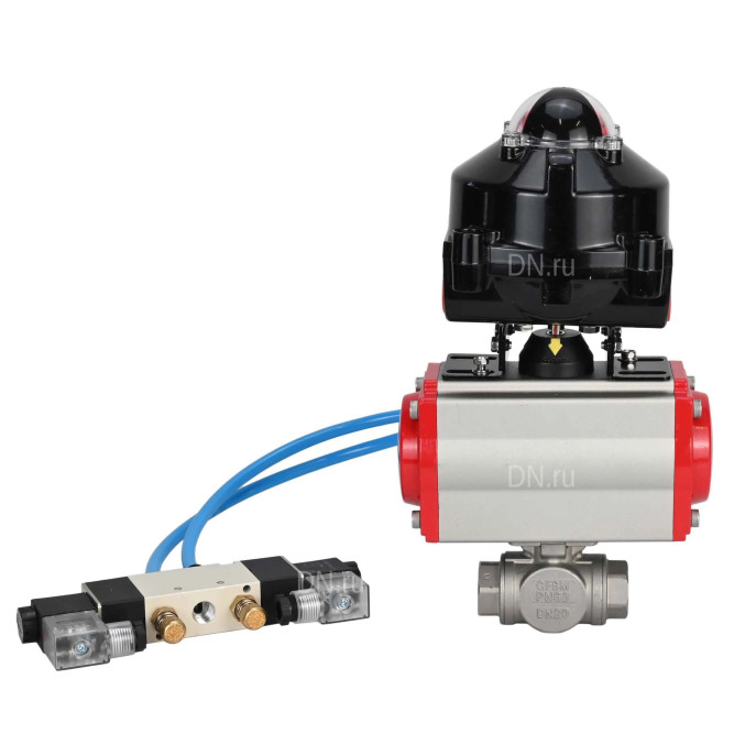 Кран шаровой BV3232P(4pc)-SP-3WL-T-ISO-H 1″ Ду25 Ру63 стандартнопроходной трехходовой L-тип, нержавеющая сталь SS316, внутренняя резьба, уплотнение - PTFE, с пн.приводом PA-SA-052 пн.распределителем 4V320-10 AC220V БКВ APL-510N-EX в Омске