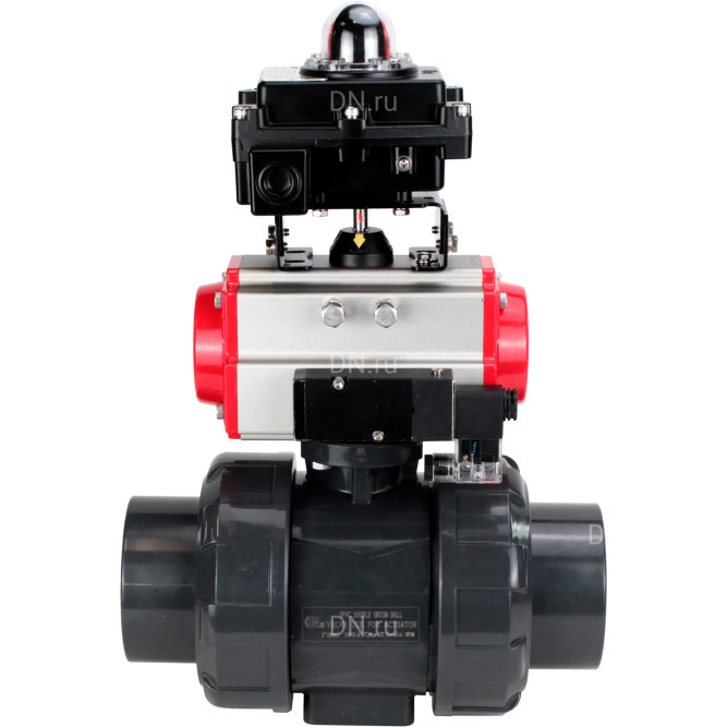 Кран шаровой BV4242E-FP-GRM-ISO Дн20 Ру10 полнопроходной, корпус - НПВХ, шар - НПВХ, уплотнение - EPDM, с пневмоприводом PA-SA-052, пневмораспределителем 4M310-08 DC24V и БКВ APL-410N EX в Омске