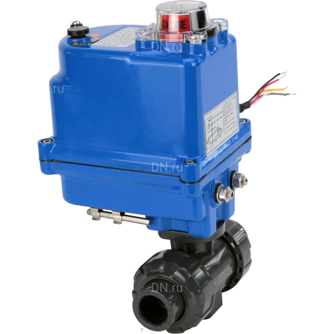 Кран шаровой BV4242E-FP-GRM-ISO Дн25 Ру10 полнопроходной, клеевой с разборным муфтовым соединением, корпус - НПВХ, шар - НПВХ, уплотнение - EPDM, с электроприводом QT-N-003EM-O1-24VDC-У1 blue в Омске