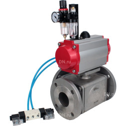 Кран шаровой BV3232P(4pc)-FP-3WL-F Ду15 Ру16 полнопроходной трехходовой, фланцевый, корпус - нержавеющая сталь SS316, с пневмоприводом PA-DA-052 двойного действия, пневмораспределителем 4V320-08 AC220V и БПВ AFC2000