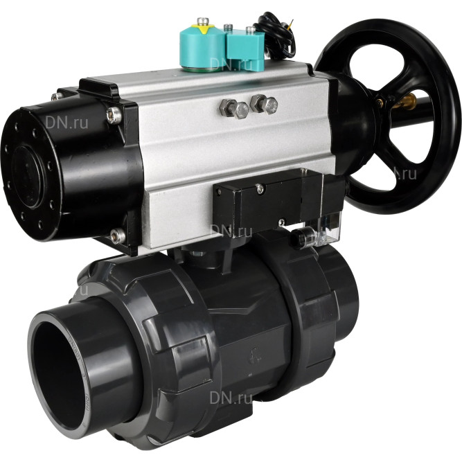 Кран шаровой BV4242E-FP-GRM-ISO Дн20 Ру10 полнопроходной, корпус - НПВХ, шар - НПВХ, уплотнение - EPDM, с пневмоприводом PA-DA-105-1, пневмораспределителем 4M310-08 DC24V и магнитным переключателем ALS200D в Омске