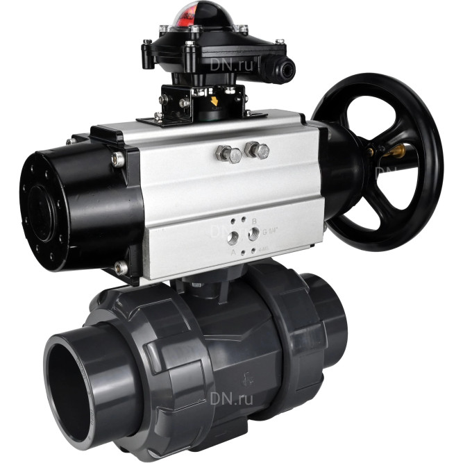 Кран шаровой BV4242E-FP-GRM-ISO Дн80 Ру10 полнопроходной, корпус - НПВХ, шар - НПВХ, уплотнение - EPDM, с пневмоприводом PA-DA-105-1 и БКВ APL-210N в Омске