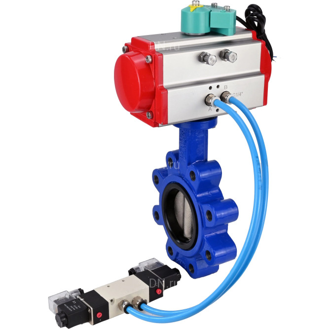 Затвор дисковый поворотный WBV1616E-2W-Fb-H Ду65 Ру16 LUG корпус - чугун QT450, диск - чугун QT450, уплотнение - EPDM, с пневмоприводом PA-DA-065, пневмораспределителем 4V320-08 AC220V и магнитным переключателем ALS200D в Омске