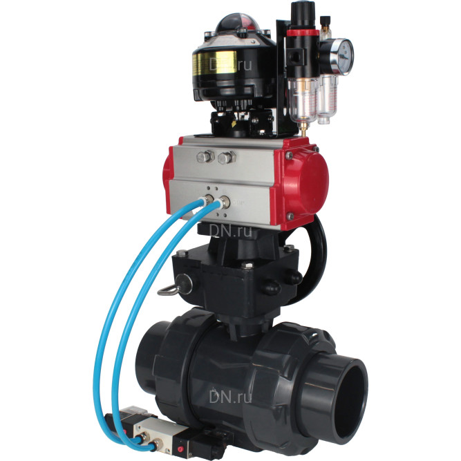 Кран шаровой BV4242E-FP-GRM-ISO Дн80 Ру10 полнопроходной, корпус - НПВХ, шар - НПВХ, уплотнение - EPDM, с пневмоприводом PA-DA-065, пневмораспределителем 4V320-08 AC220V, ручным дублером MON1-250-T26-ISO, БКВ APL-510N EX и БПВ AFC2000 в Омске