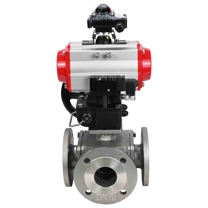Кран шаровой BV3232P(4pc)-FP-3WL-F Ду40 Ру16 полнопроходной трехходовой, фланцевый, корпус - нержав.сталь SS316, с пневмоприводом PA-DA-065, пневмораспределителем 4M310-08 AC220V, БКВ APL-210N и ручным дублером MON1-250-T26-ISO в Омске