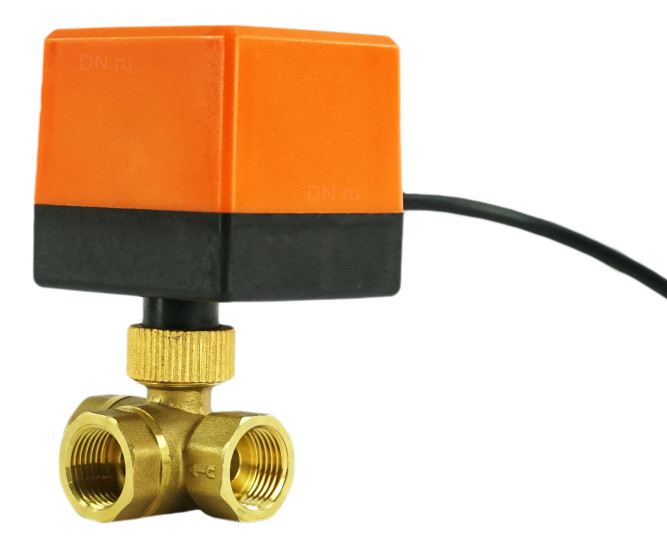 Кран шаровой BV0030NP-SP-3L-T-ED Ду15 Ру16 стандартнопроходной, L-тип, трехходовой, латунь, внутренняя резьба, уплотнение - нитриловый каучук / PTFE, с электроприводом 220В без концевых выключателей в Омске