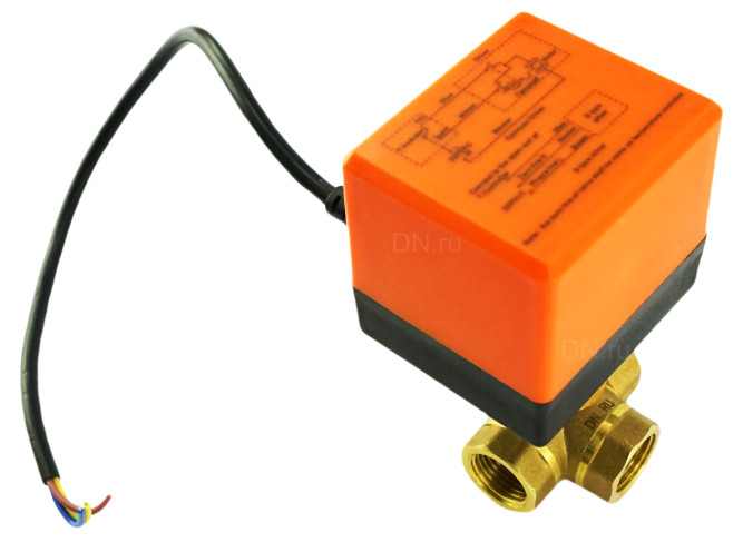 Кран шаровой BV0030NP-SP-3L-T-ED Ду15 Ру16 стандартнопроходной, L-тип, трехходовой, латунь, внутренняя резьба, уплотнение - нитриловый каучук / PTFE, с электроприводом 220В без концевых выключателей в Омске