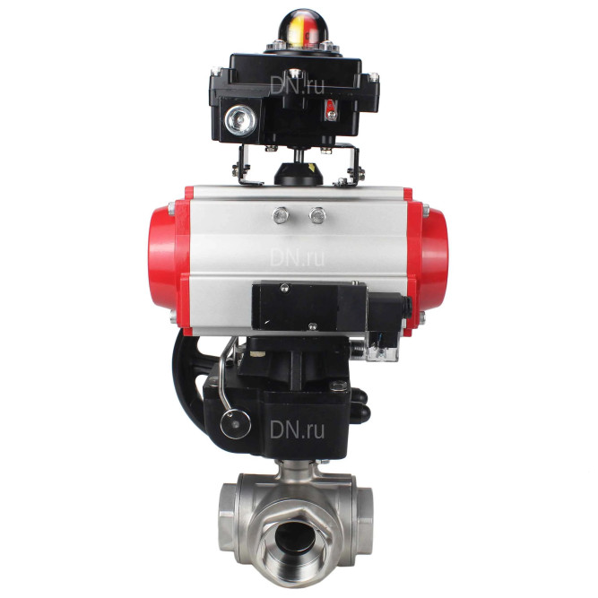 Кран шаровой BV3232P(4pc)-SP-3WL-T-ISO-H Ду80 Ру40 стандартнопроходной трехходовой L-тип, нержавеющая сталь SS316, внутренняя резьба, PTFE, пн.привод PA-DA-083, пн.распределитель 4M310-08 AC220V, БКВ APL-410N EX и ручной дублер MON2-450-T28-ISO в Омске