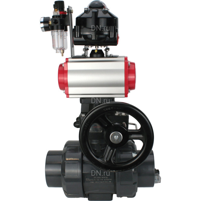 Кран шаровой BV4242E-FP-GRM-ISO Дн100 Ру10 полнопроходной, корпус - НПВХ, шар - НПВХ, уплотнение - EPDM, с пневмоприводом PA-DA-065, пневмораспределителем 4V320-08 AC220V, ручным дублером MON1-250-T26-ISO, БКВ APL-510N EX и БПВ AFC2000 в Омске